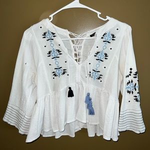 White with Blue Floral Thread Work Cropped Top